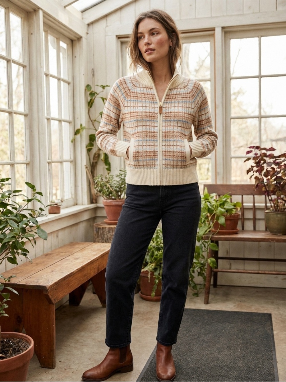 Talbots Cream Plaid Zip Cardigan with Brown and Light Blue Accents